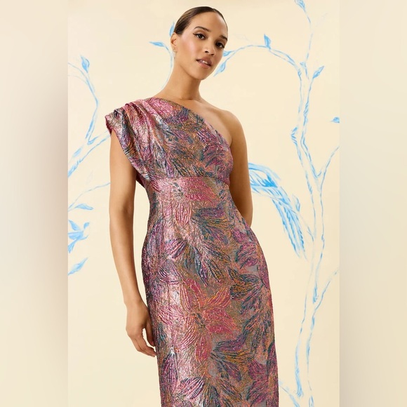Maggy London One-Shoulder Pink and Purple Midi Brocade/Jaquard Dress - Picture 8 of 12